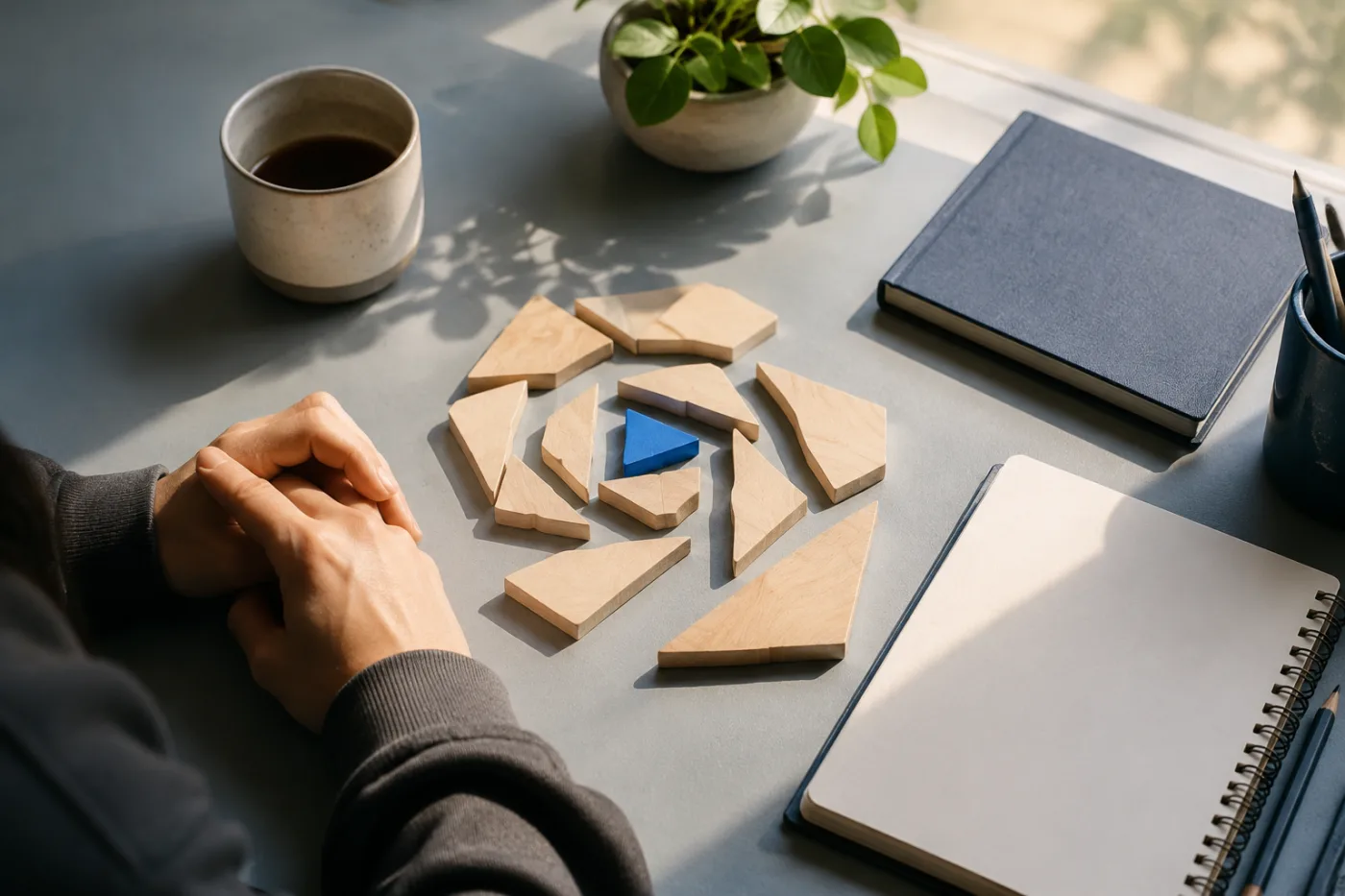 Wooden puzzle pieces arranged in a loose spiral on a desk, hands resting at the edge of the frame