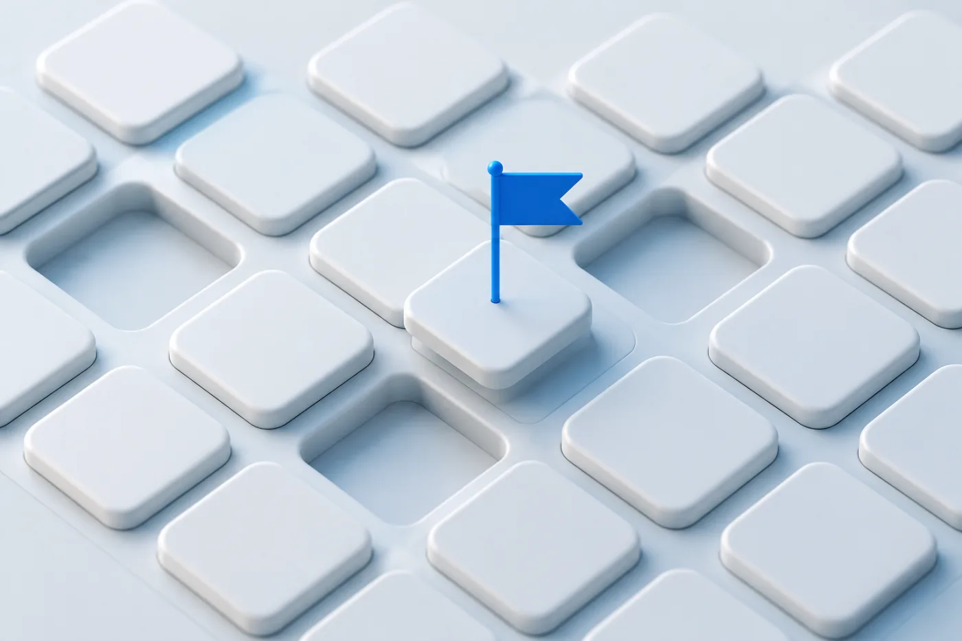 An isometric grid of square tiles, several pressed down, one carrying a blue flag