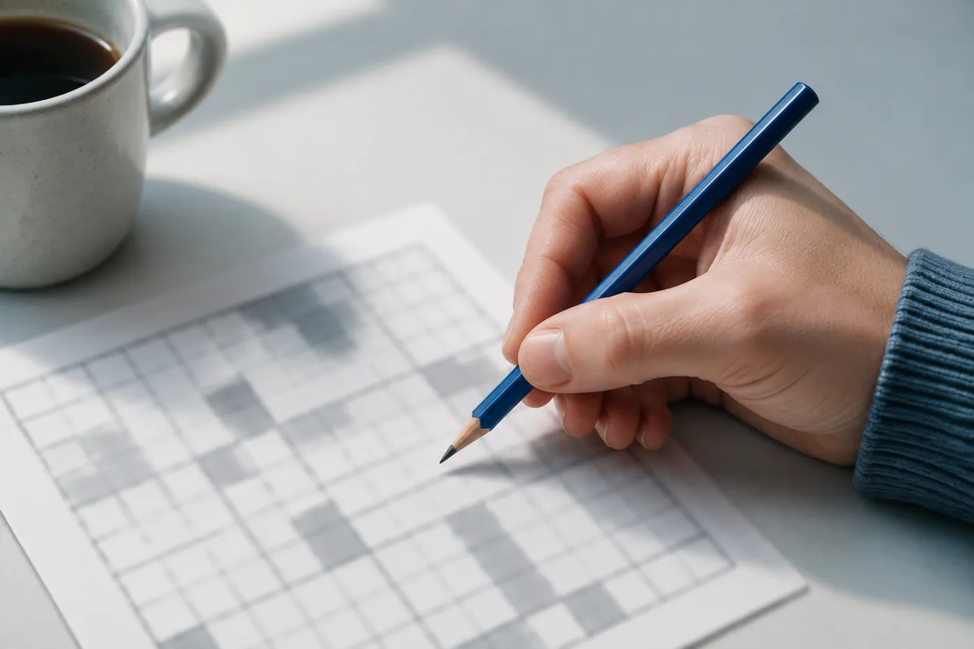 A hand holding a pencil above a printed sudoku grid on a light desk